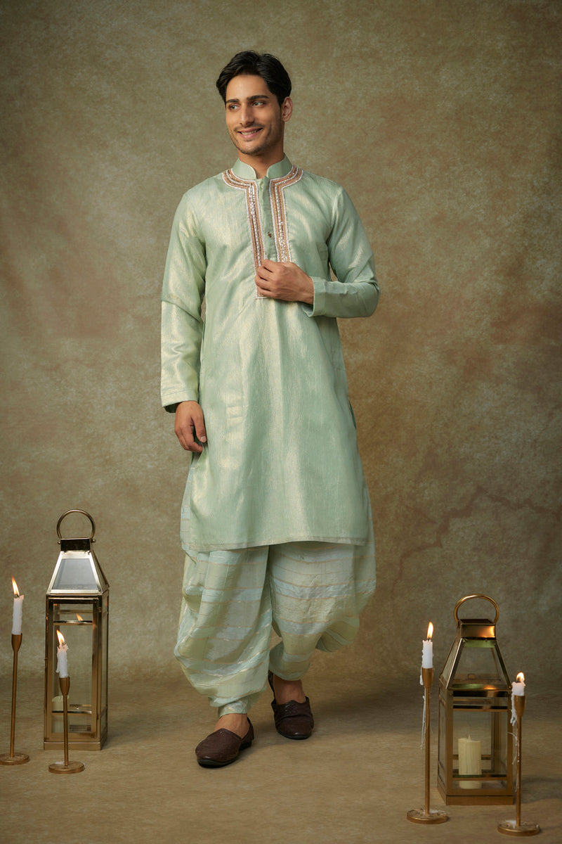 Sage Green Embroiderd Kurta With Dupatta And Dhoti