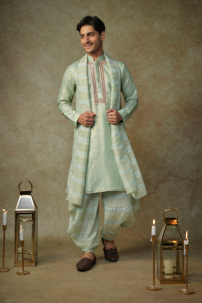 Sage Green Embroiderd Kurta With Dupatta And Dhoti