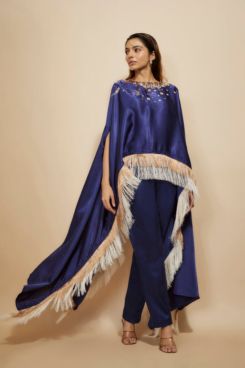 Blue Embroidered Kaftan With Pant