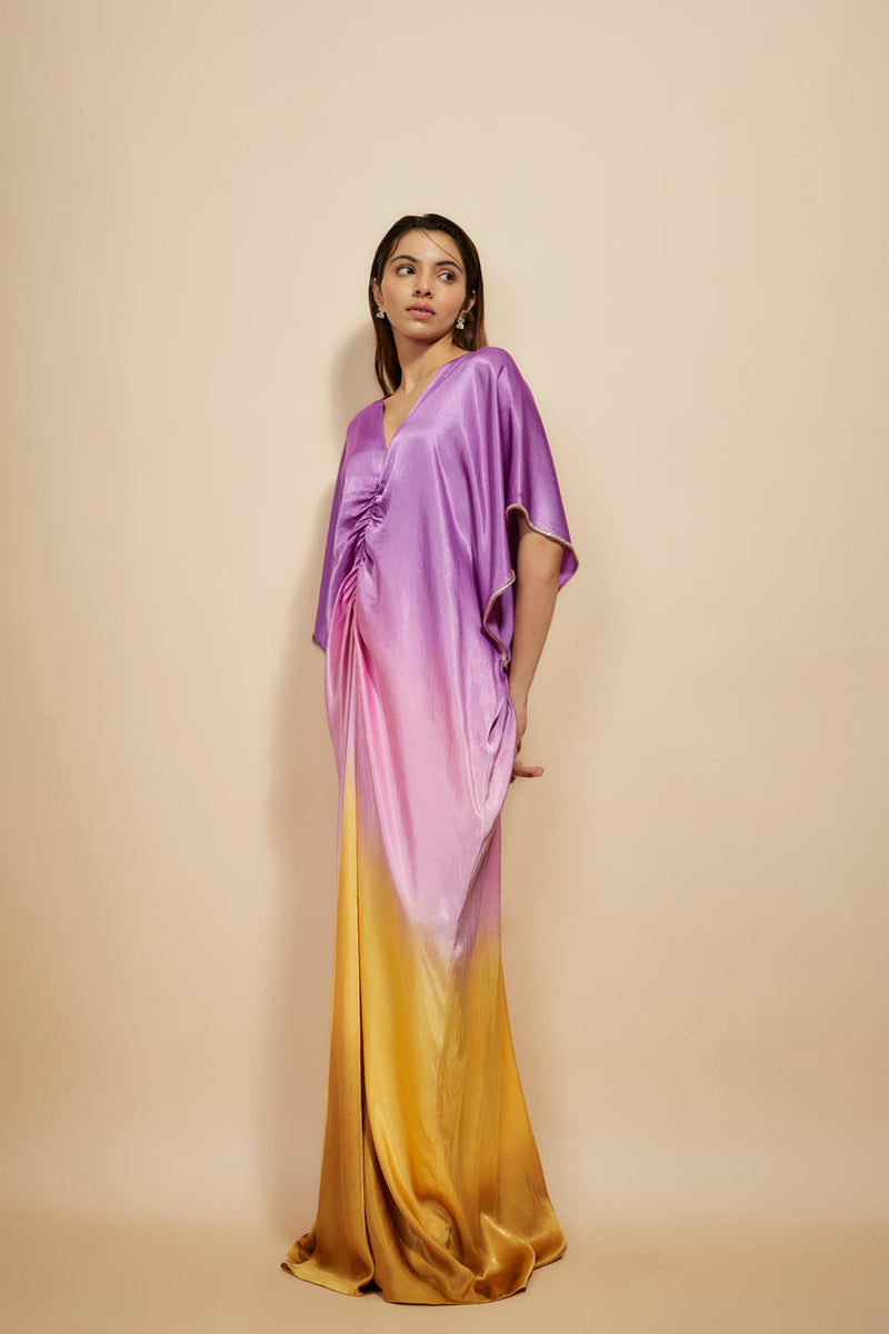 Mustard To Lilac Ombre Embroidered Kaftan