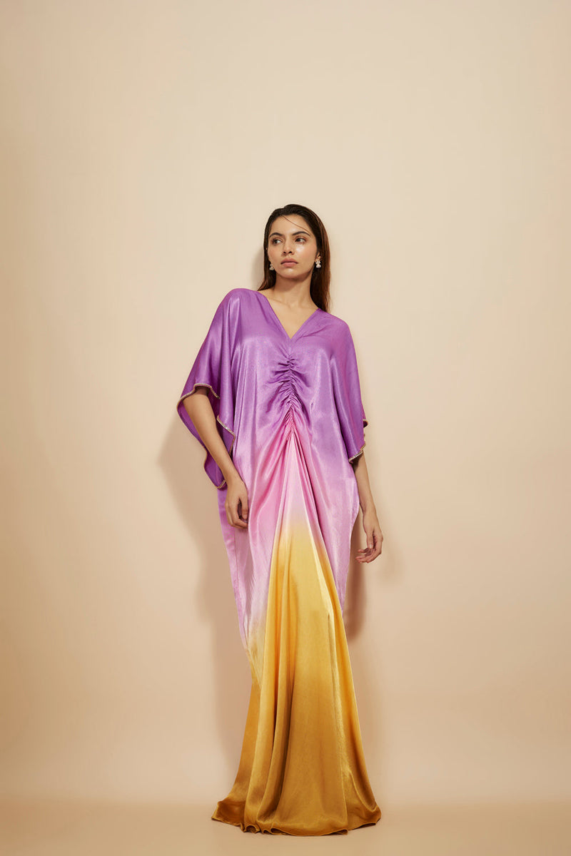 Mustard To Lilac Ombre Embroidered Kaftan