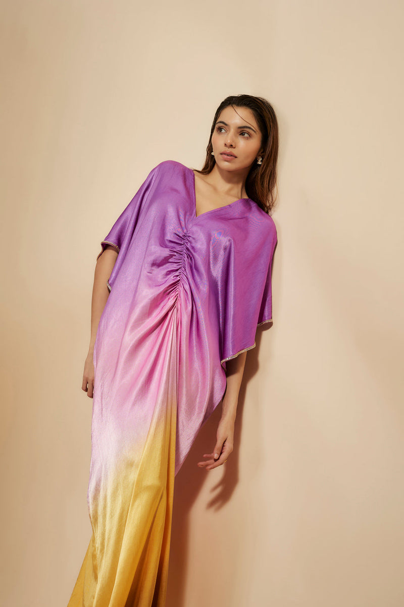 Mustard To Lilac Ombre Embroidered Kaftan