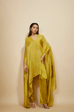 Mustard Block Embroidered Kaftan With Pant