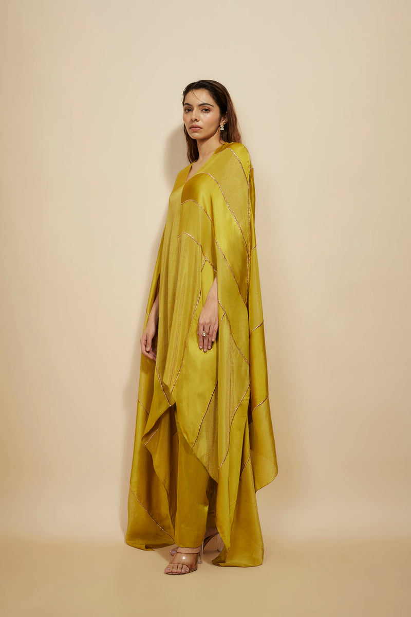 Mustard Block Embroidered Kaftan With Pant