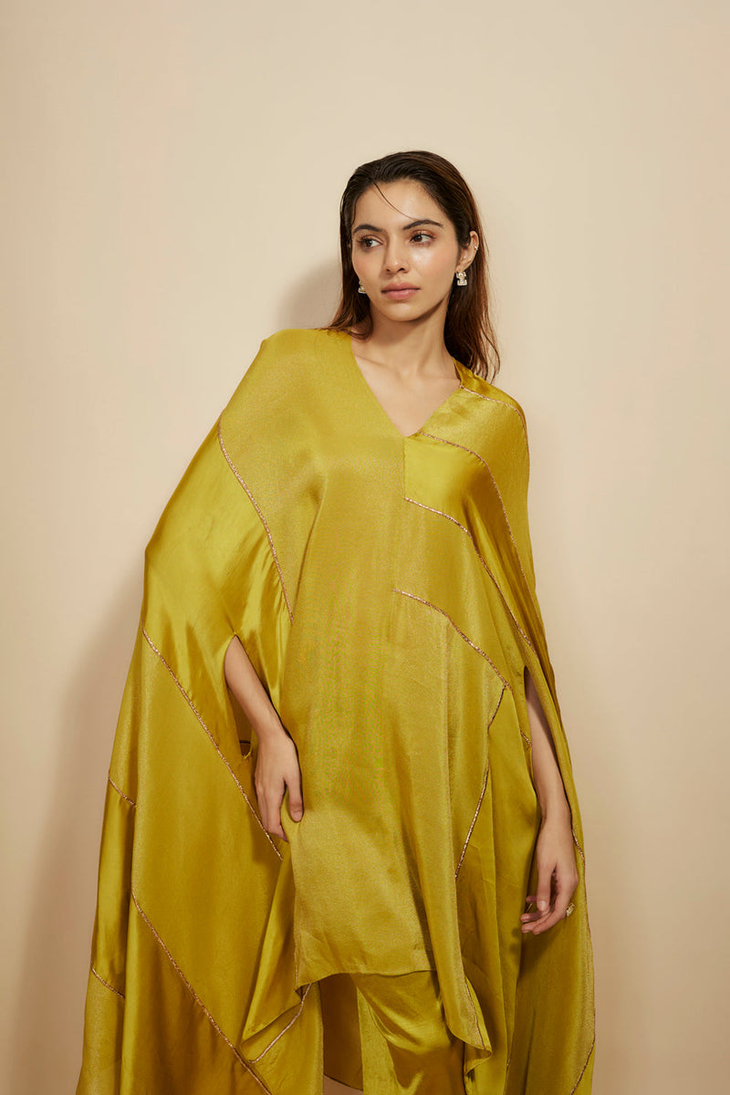 Mustard Block Embroidered Kaftan With Pant