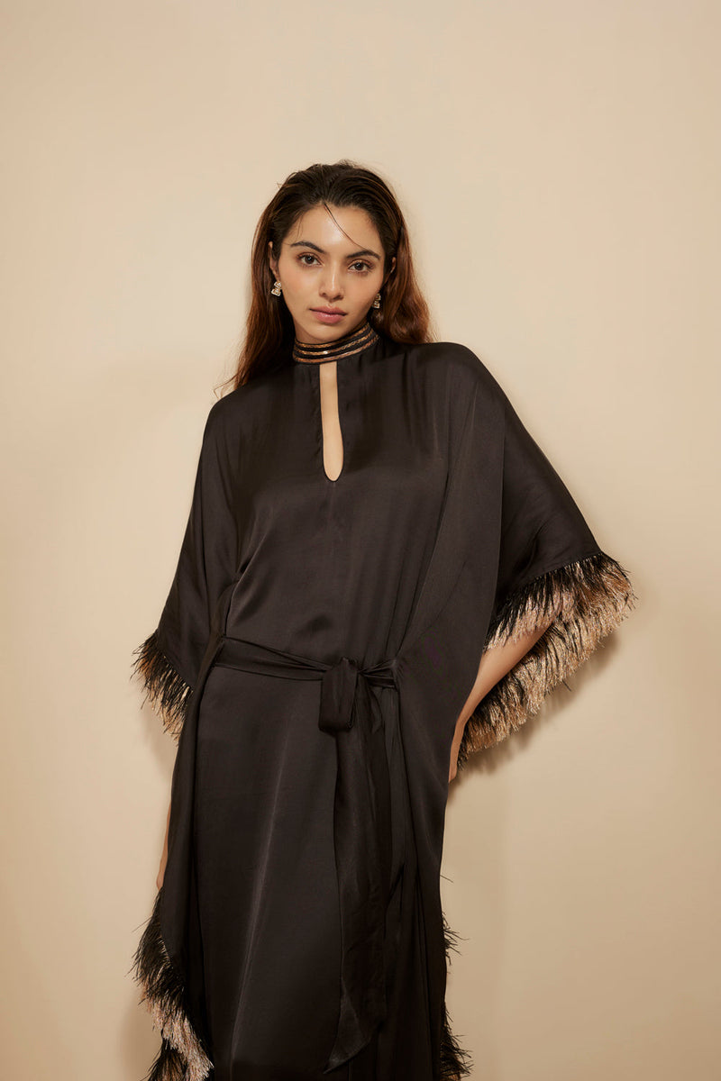 Black Embroidered Tie-Up Kaftan