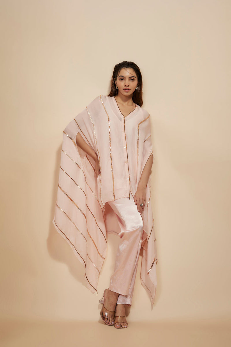 Light Pink Embroidered Kaftan With Pant