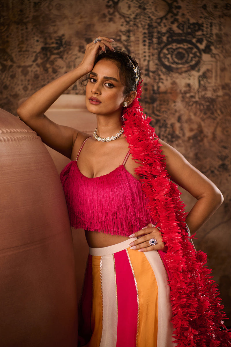 Hot Pink Top With Multicoloured Skirt