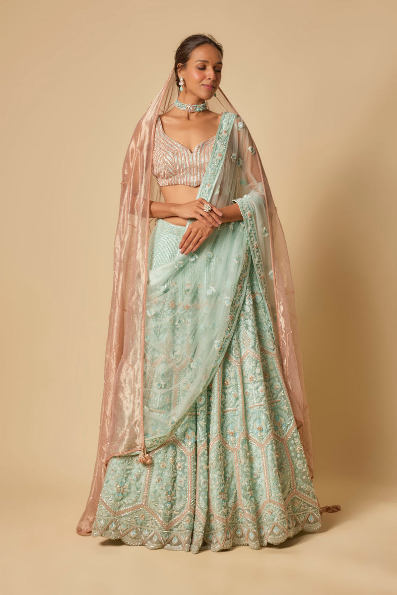 Mint Heavy Embroidered Lehenga Set With Two Dupatta