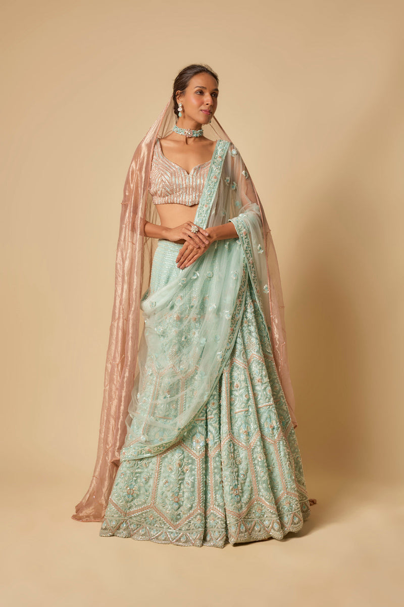 Mint Heavy Embroidered Lehenga Set With Two Dupatta