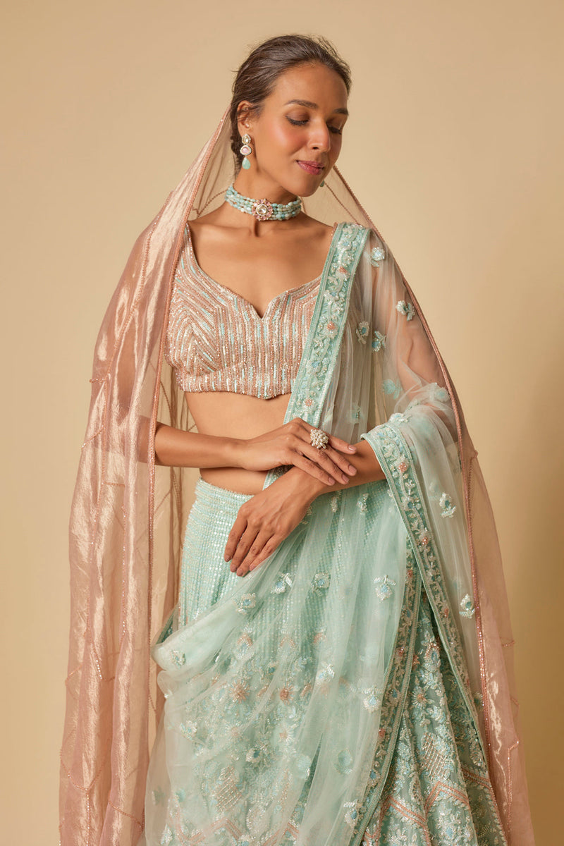 Mint Heavy Embroidered Lehenga Set With Two Dupatta