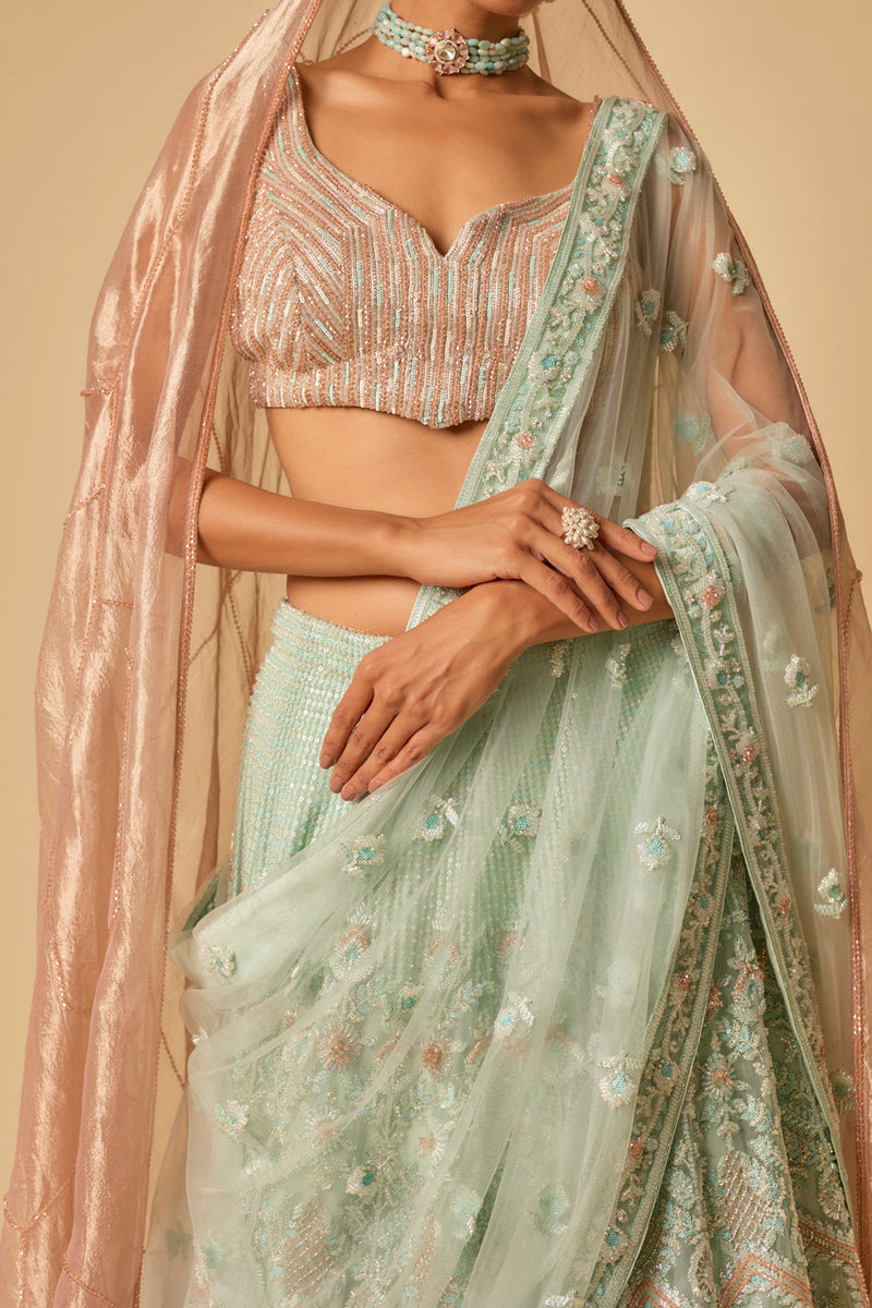 Mint Heavy Embroidered Lehenga Set With Two Dupatta