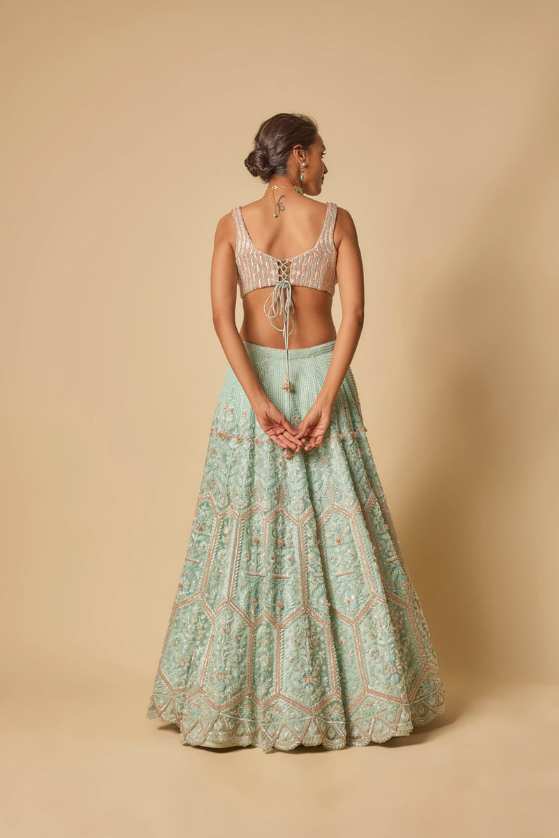 Mint Heavy Embroidered Lehenga Set With Two Dupatta