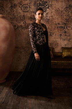 Black Embroidered Jacket With Bustier With Pallazo