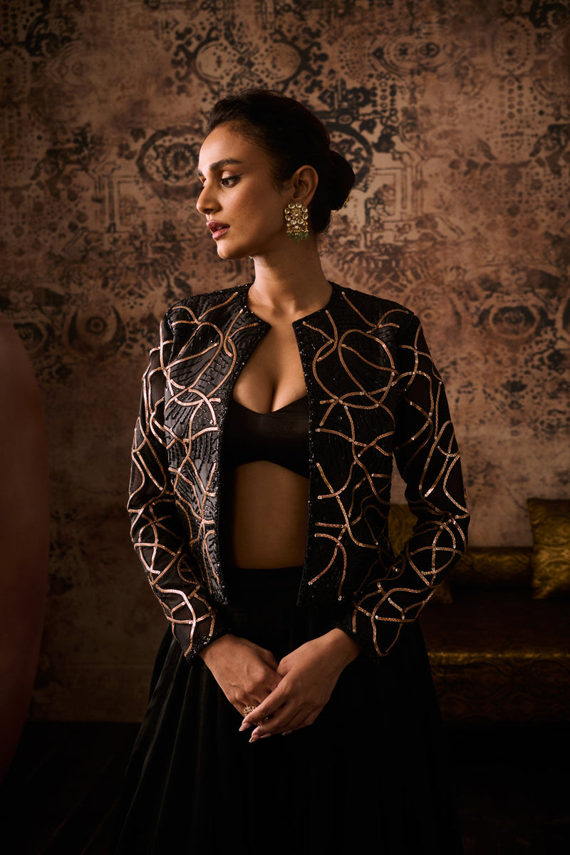 Black Embroidered Jacket With Bustier With Pallazo