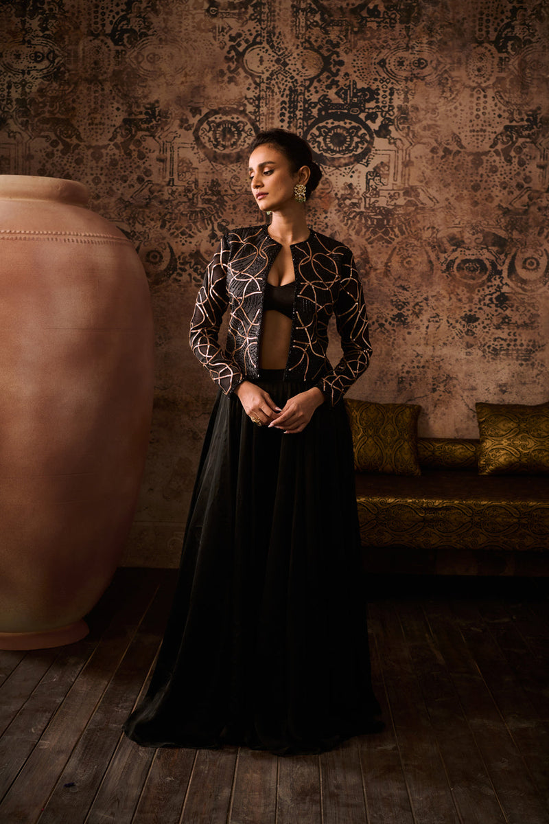 Black Embroidered Jacket With Bustier With Pallazo