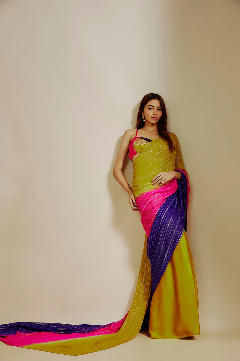 Mustard Ombre Saree With Multi-Coloured Blouse