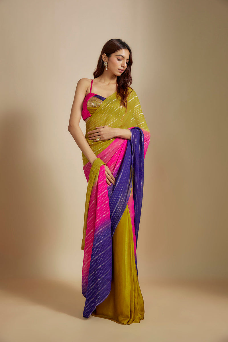 Mustard Ombre Saree With Multi-Coloured Blouse