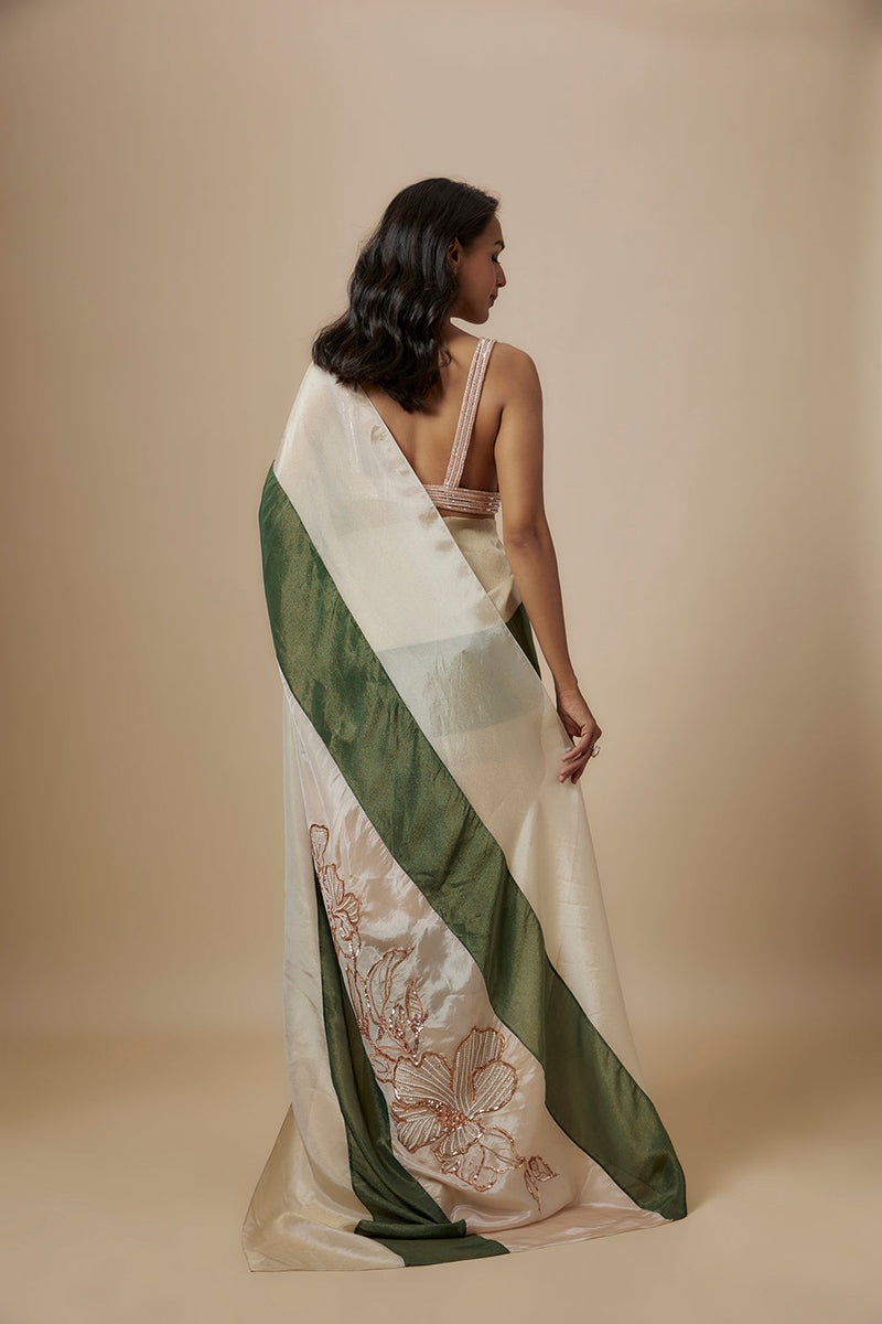 Green And Beige Colour Block Saree With Embroidered Blouse