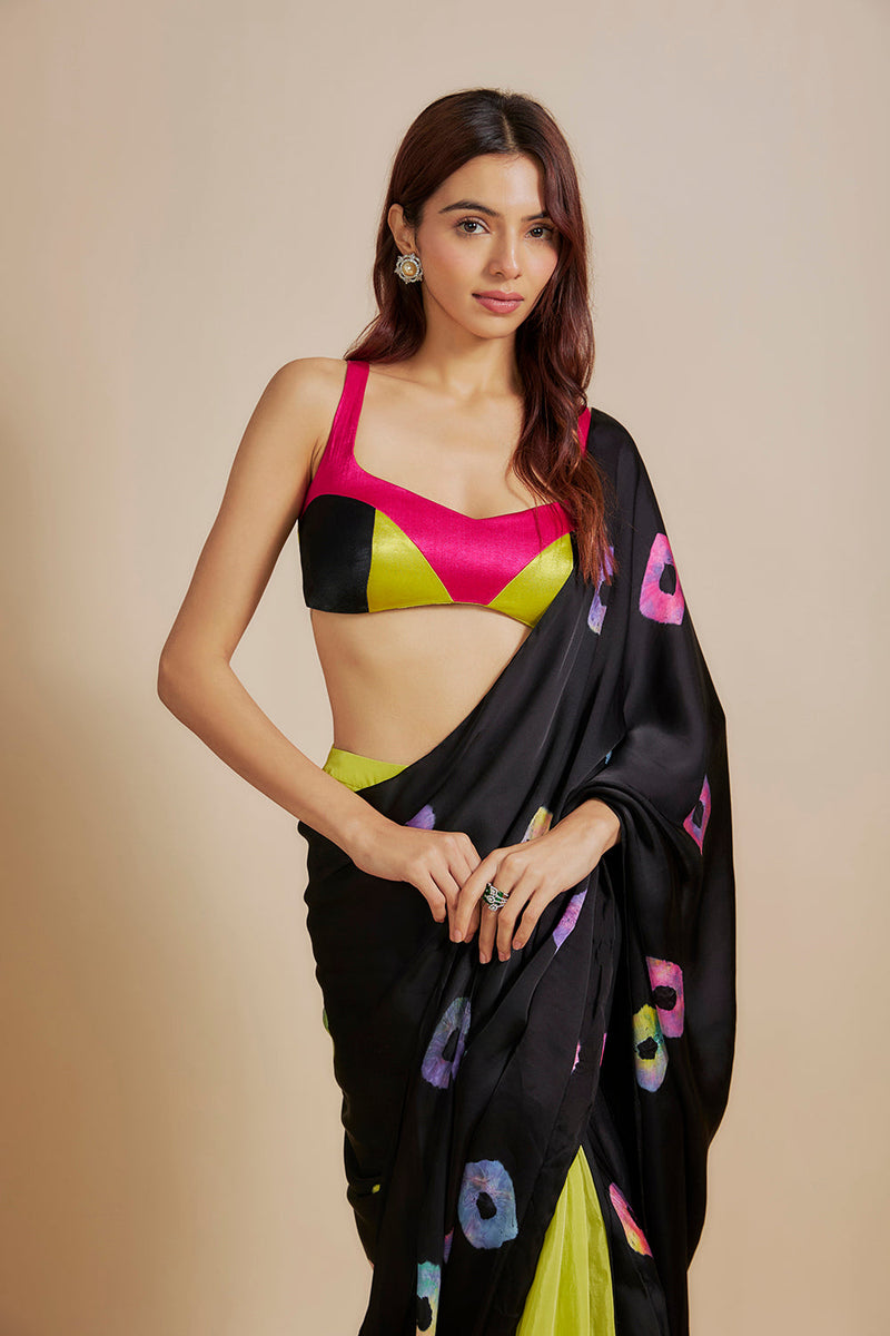 Black  Shibori Saree With Multi-Colour Bloue