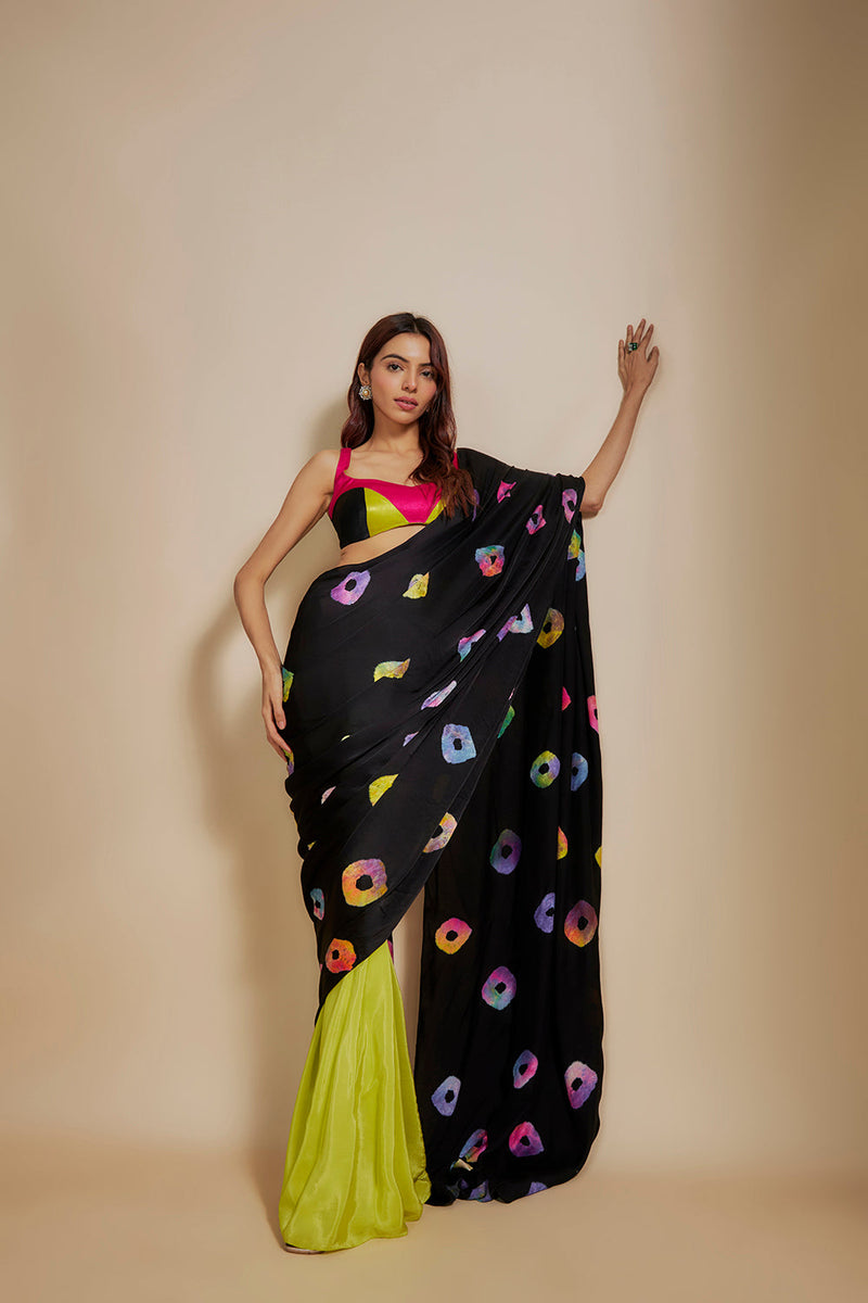 Black  Shibori Saree With Multi-Colour Bloue