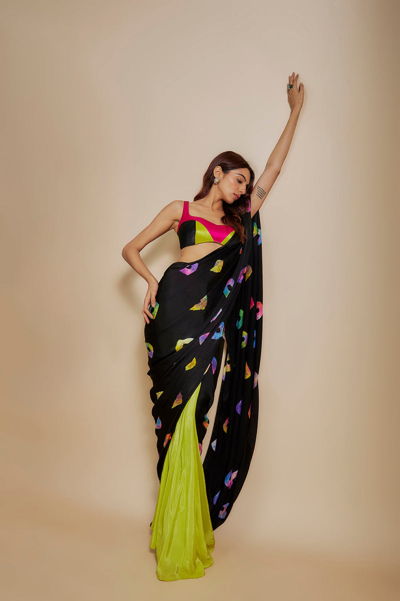 Black  Shibori Saree With Multi-Colour Bloue