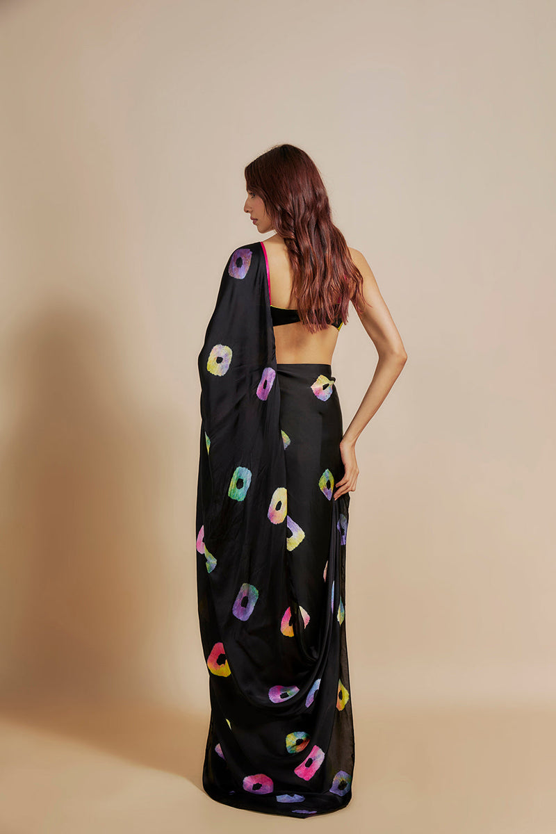 Black  Shibori Saree With Multi-Colour Bloue