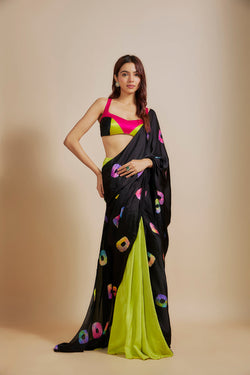 Black  Shibori Saree With Multi-Colour Bloue