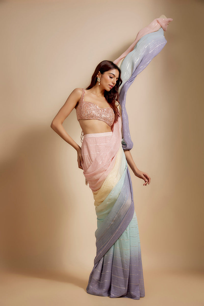 Multi-Colour Ombre Saree With Embroidered Blouse