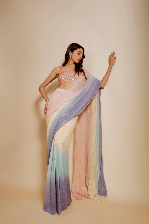 Multi-Colour Ombre Saree With Embroidered Blouse