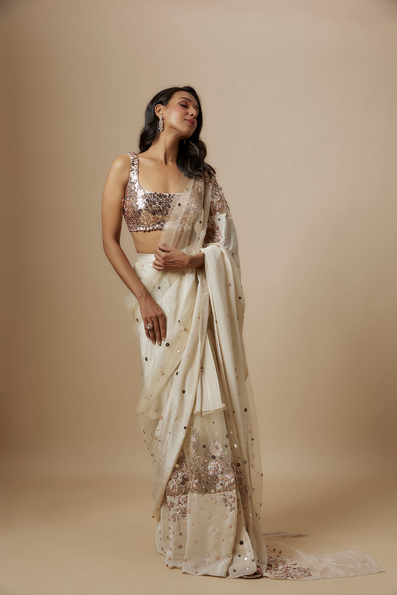 Beige Block  Embroidered Saree With Embroidered Blouse