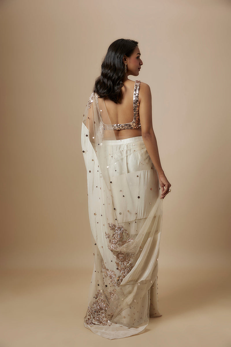 Beige Block  Embroidered Saree With Embroidered Blouse