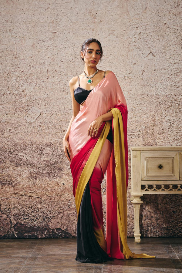 Black Blouse With Black And Red Peach Gold Ombre Saree