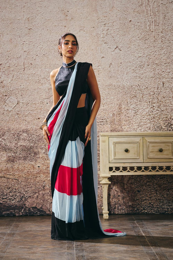 Black Blouse With Black Blue Hot Pink Colour Block Saree