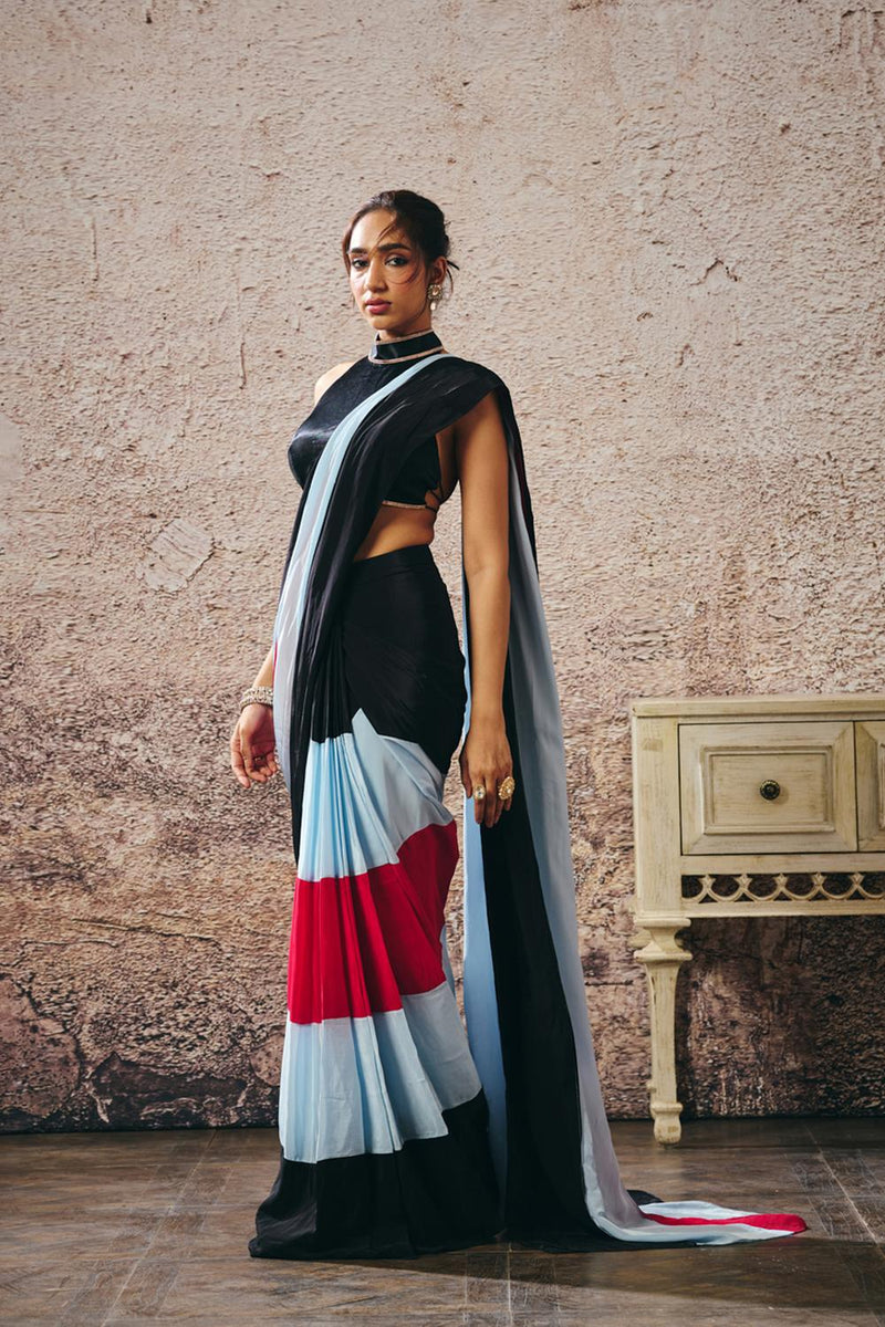 Black Blouse With Black Blue Hot Pink Colour Block Saree