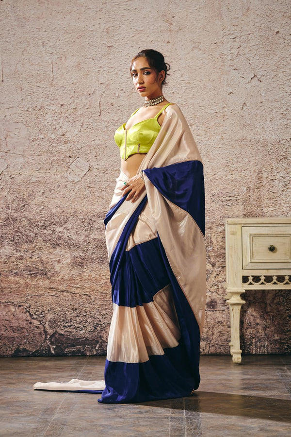 Neon Green Blouse Blue And Beige Block Saree