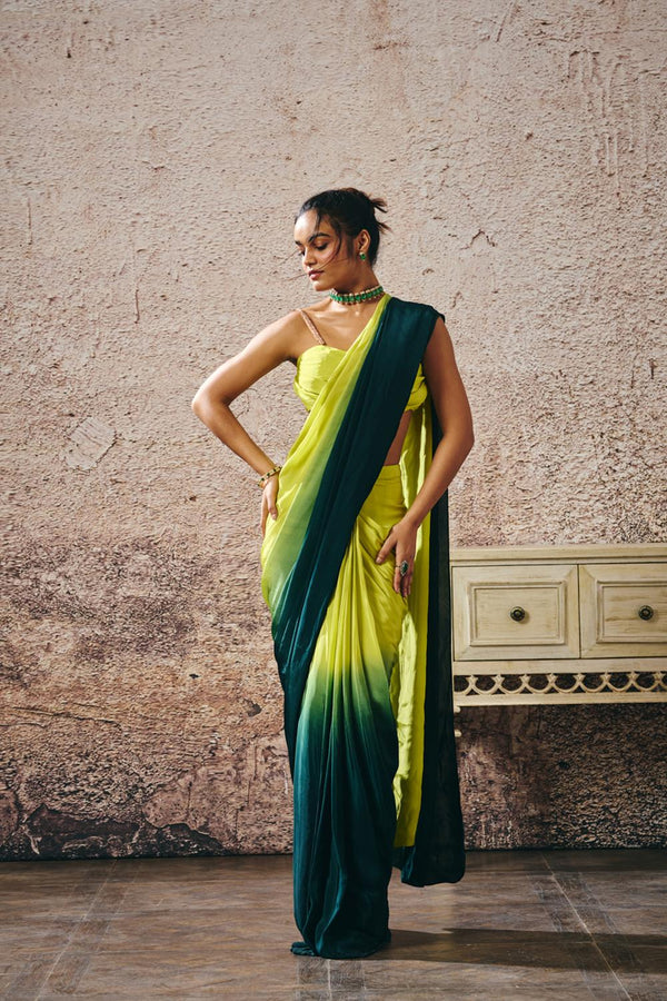 Neon Green Blouse Withndark Green And Neon Green Ombre Saree