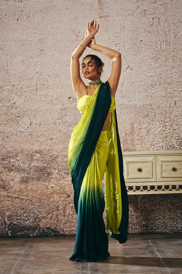 Neon Green Blouse Withndark Green And Neon Green Ombre Saree