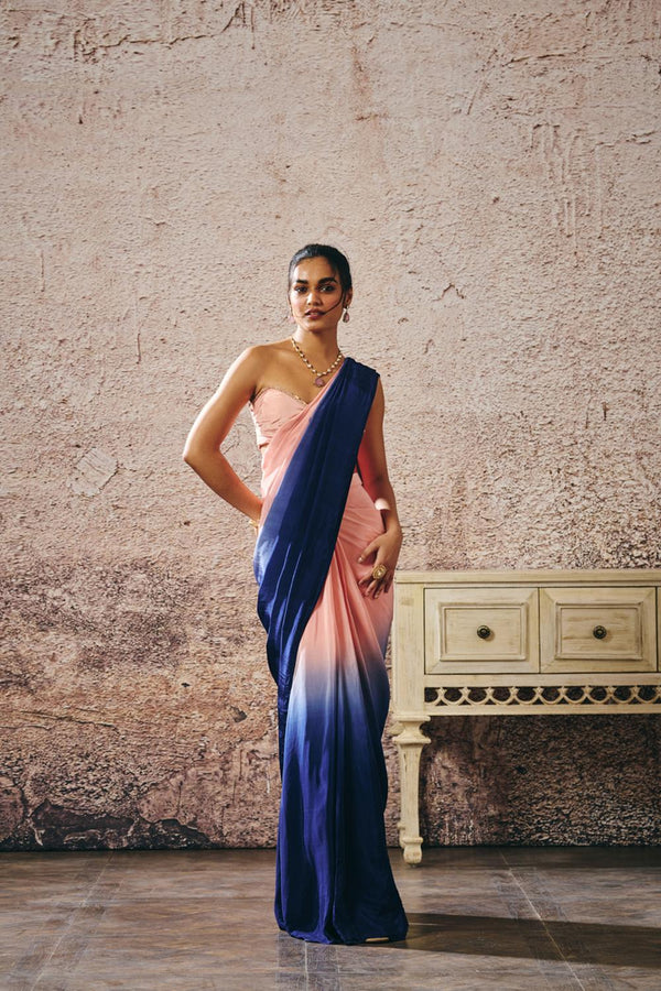 Peach Blouse With [Peach And Navy Blue Ombre Saree