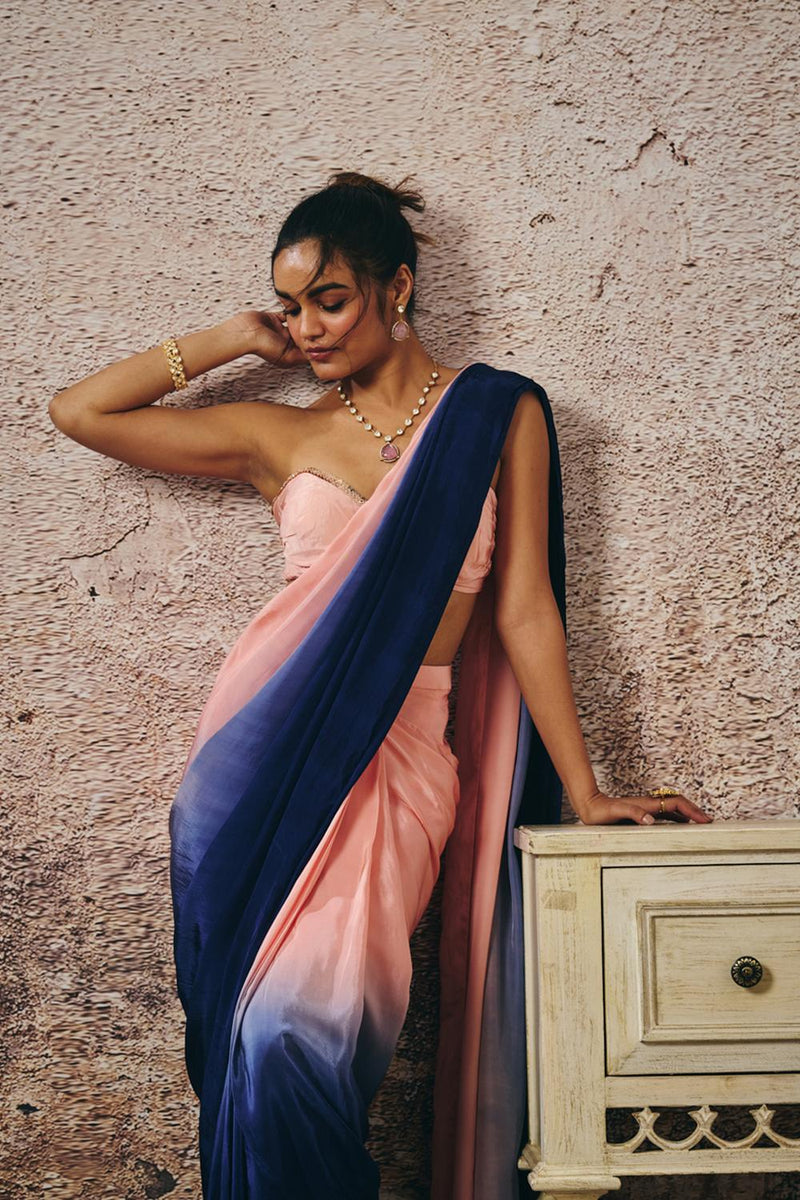 Peach Blouse With [Peach And Navy Blue Ombre Saree