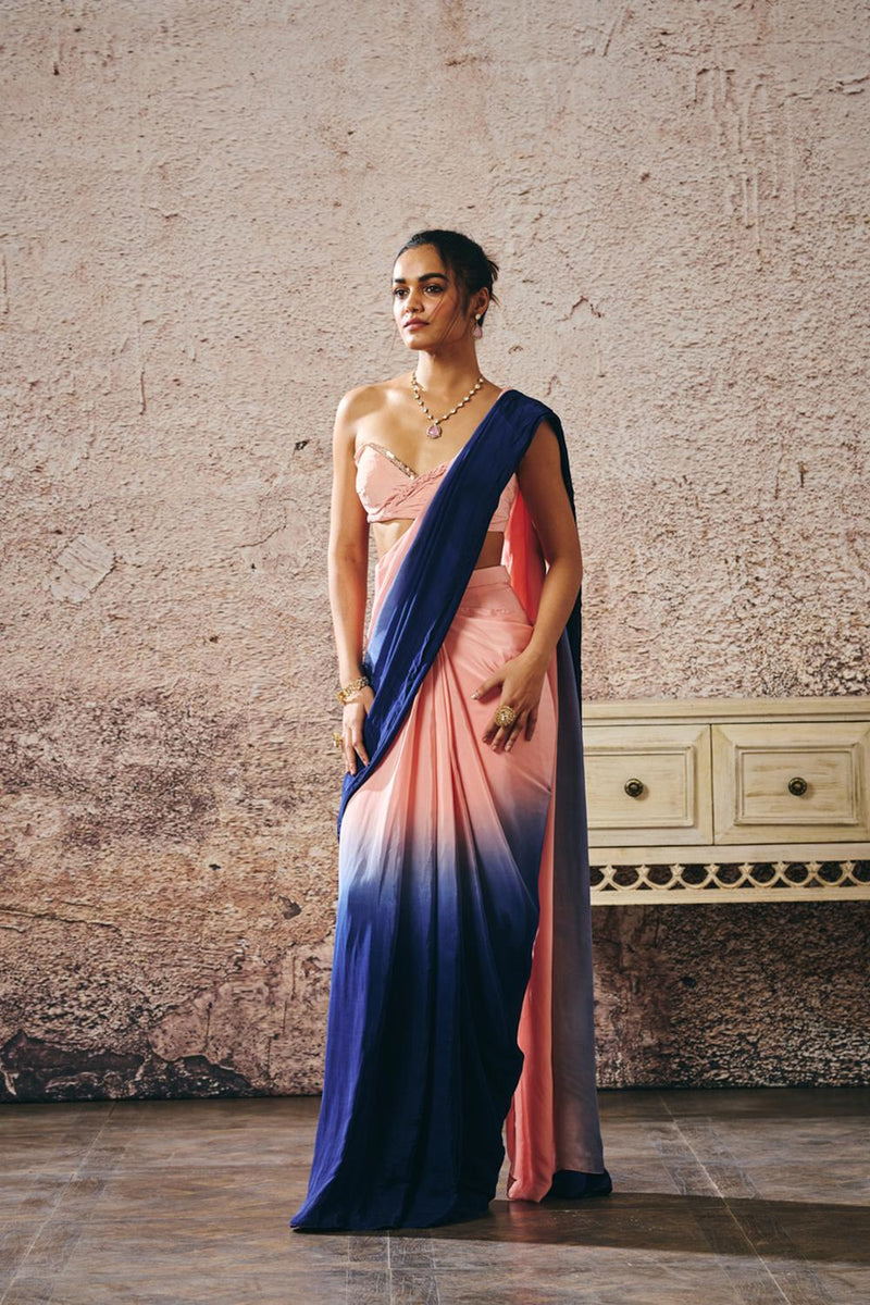 Peach Blouse With [Peach And Navy Blue Ombre Saree