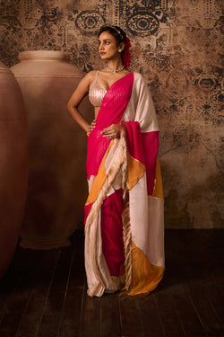 Rose Gold Embroidered Blouse With Multicoloured Saree