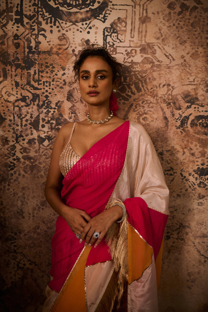 Rose Gold Embroidered Blouse With Multicoloured Saree