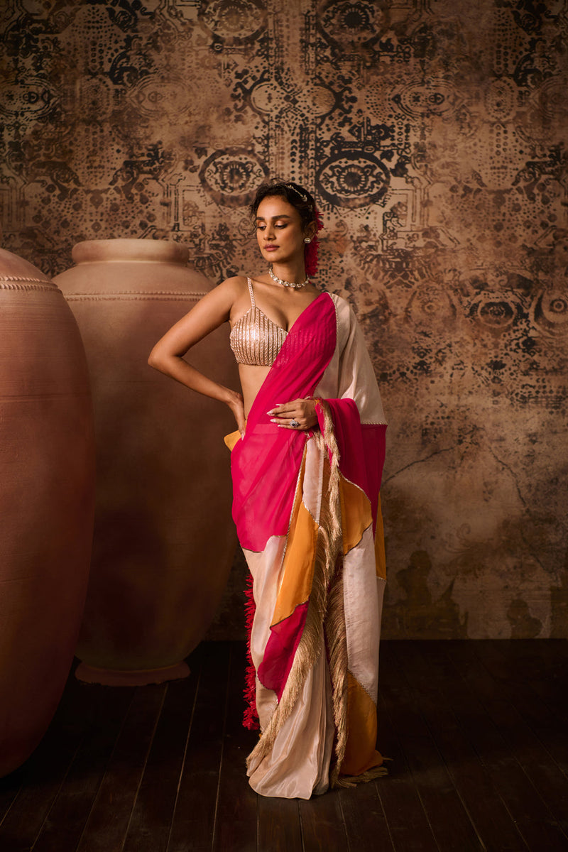 Rose Gold Embroidered Blouse With Multicoloured Saree