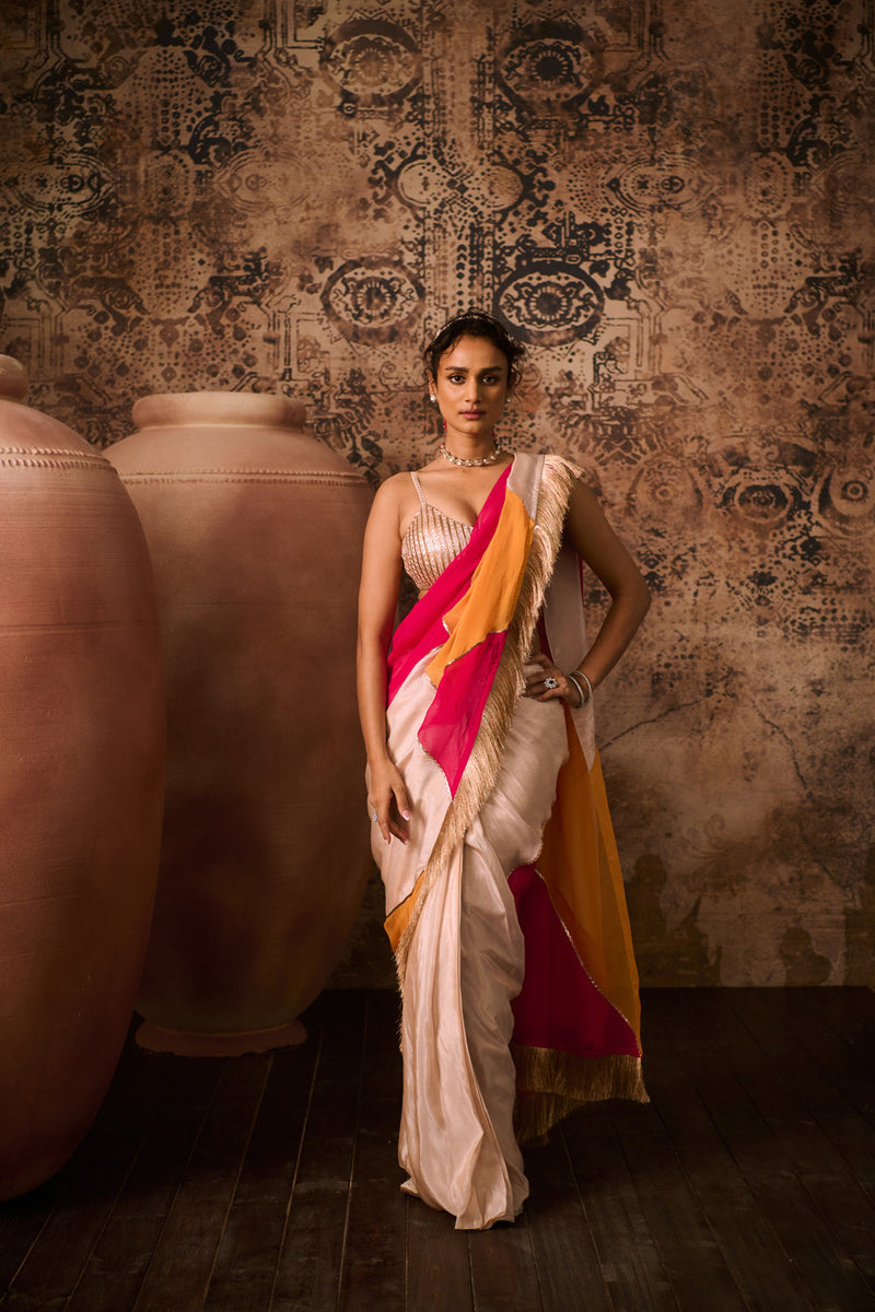 Rose Gold Embroidered Blouse With Multicoloured Saree