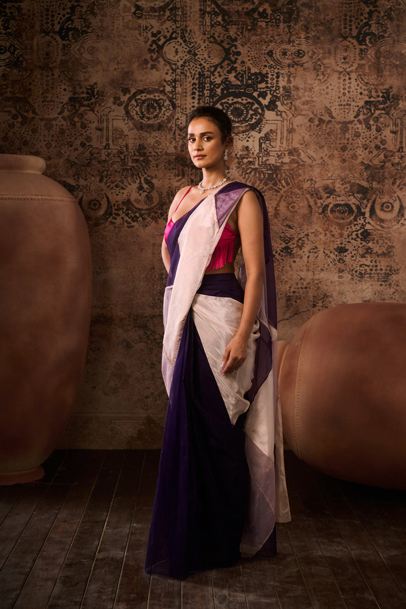 Hot Pink Blouse With Multicoloured Saree