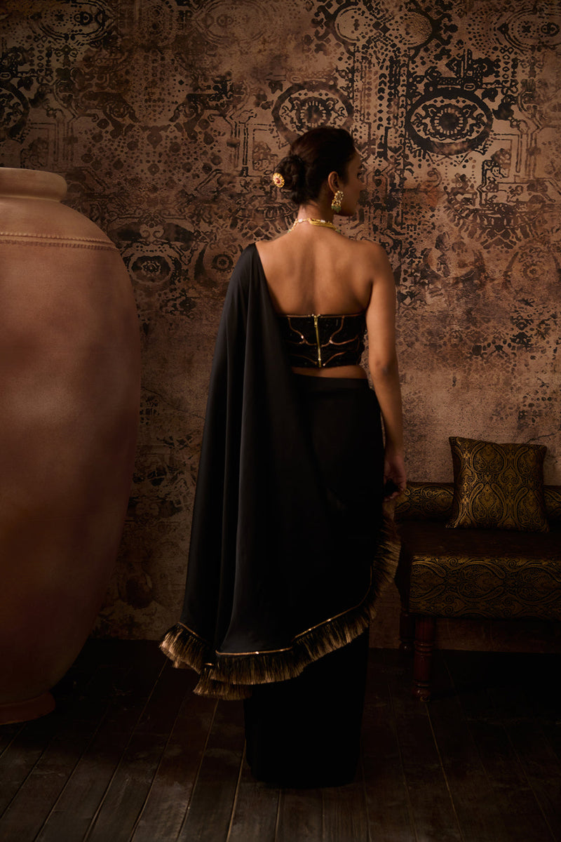 Black Embroidered Corset With Drape Saree