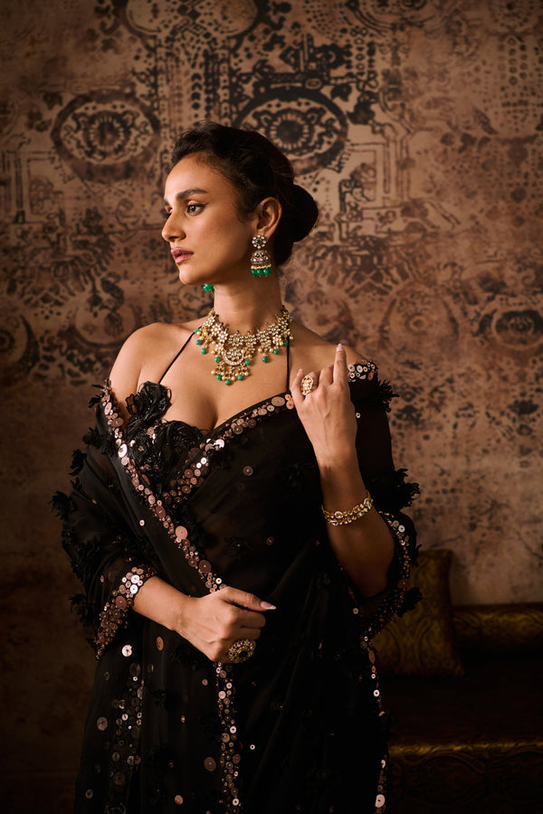 Black Embroidered Blouse With Embroidered Saree