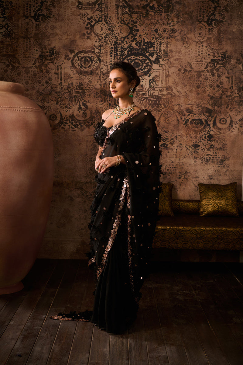 Black Embroidered Blouse With Embroidered Saree