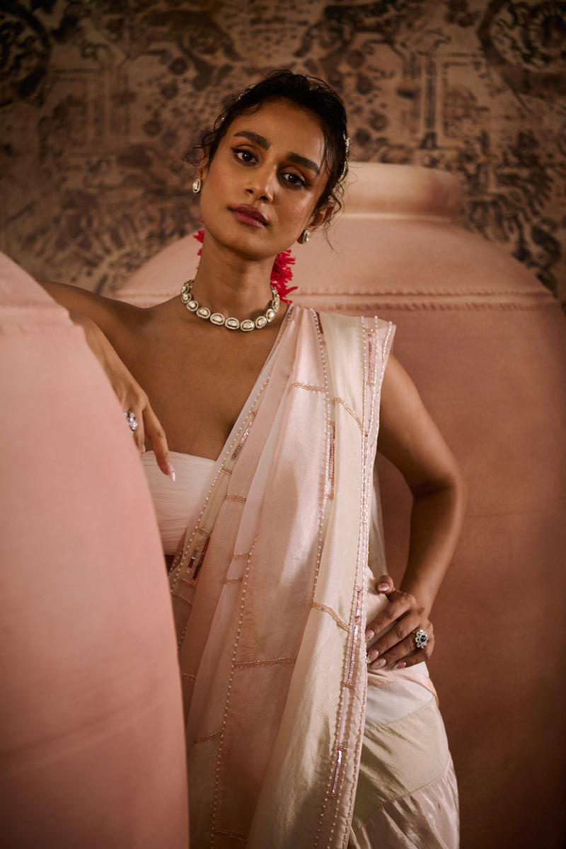 White Blouse With Tissue Embroidered Saree